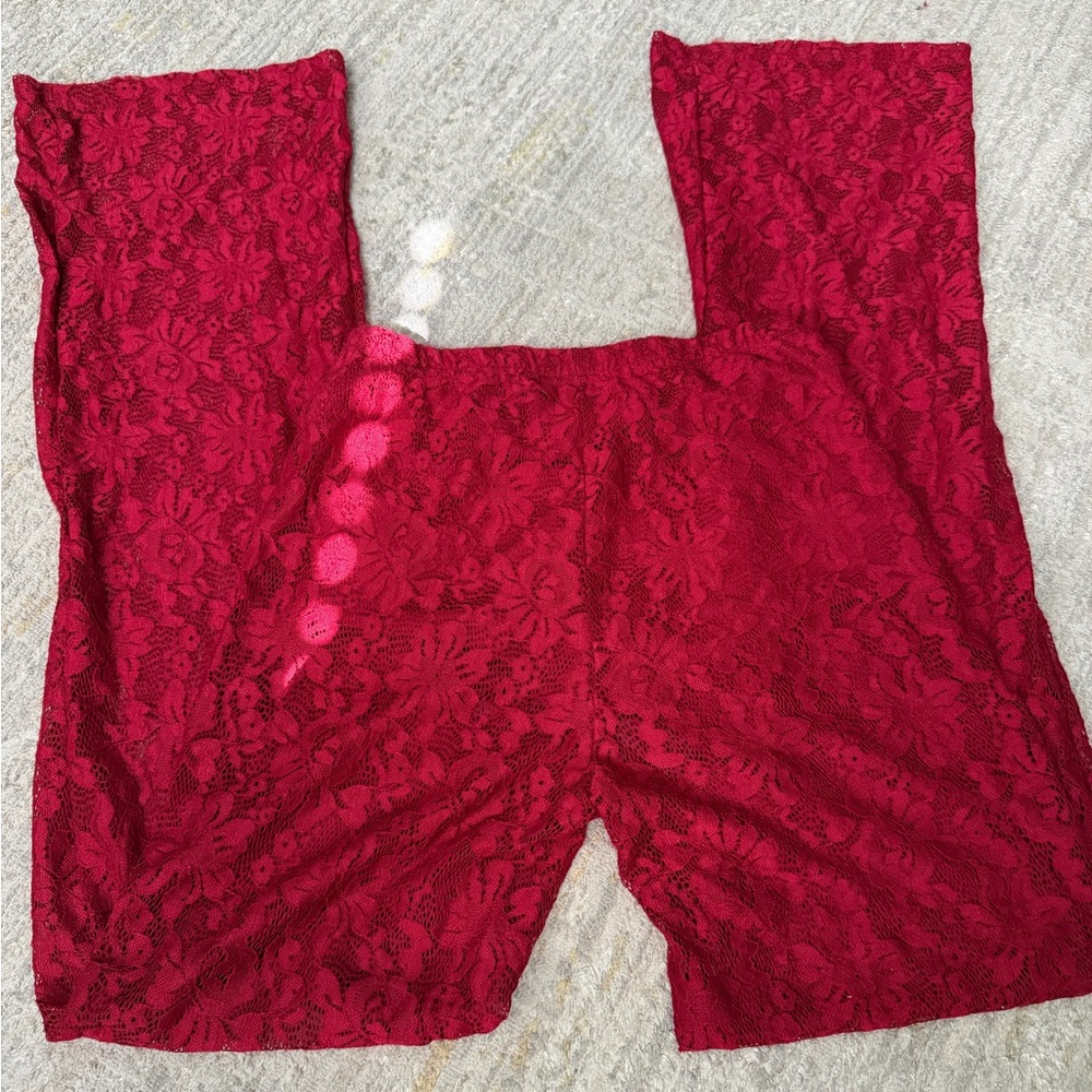 Red Lace Sheer Wide Leg Pants | Tall Small | High Waisted | Mesh